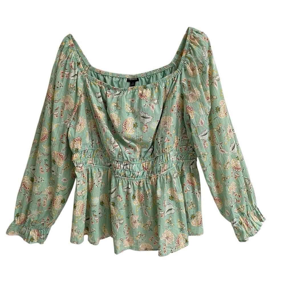 Torrid Cotton Clip Dot Blouson Long Sleeve‎ Smocked Peplum Top 1XL Green Floral